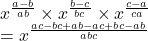 x^\frac{a-b}{ab}\times x^\frac{b-c}{bc}\times x^\frac{c-a}{ca}\\=x^\frac{ac-bc+ab-ac+bc-ab}{abc}\\