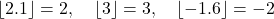 \lfloor 2.1 \rfloor = 2, \quad \lfloor 3 \rfloor = 3, \quad \lfloor -1.6 \rfloor = -2