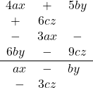 \frac{\begin{array}{ccc}4ax&+&5by&+&6cz\\-&3ax&-&6by&-&9cz\end{array}}{\begin{array}{ccc}ax&-&by&-&3cz\end{array}}