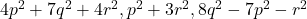  4p^2 + 7q^2 + 4r^2, p^2 + 3r^2, 8q^2 - 7p^2 - r^2 