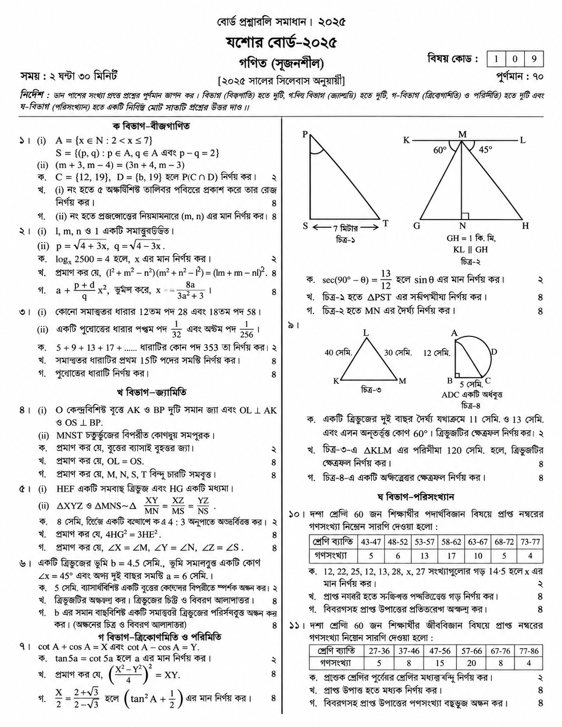 Jashore Board 2025 SSC Math Question