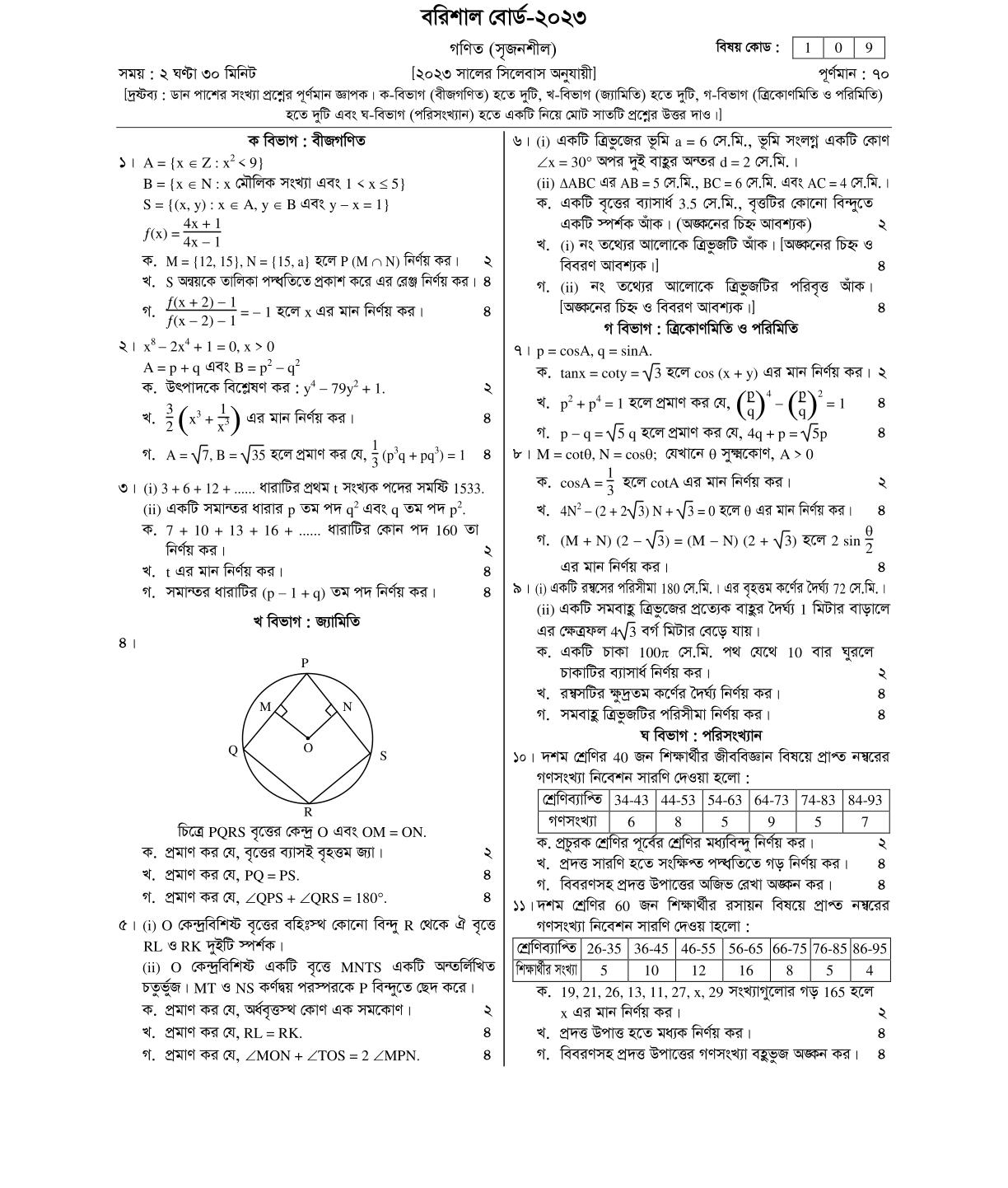Barishal Board Mathematics Question 2023