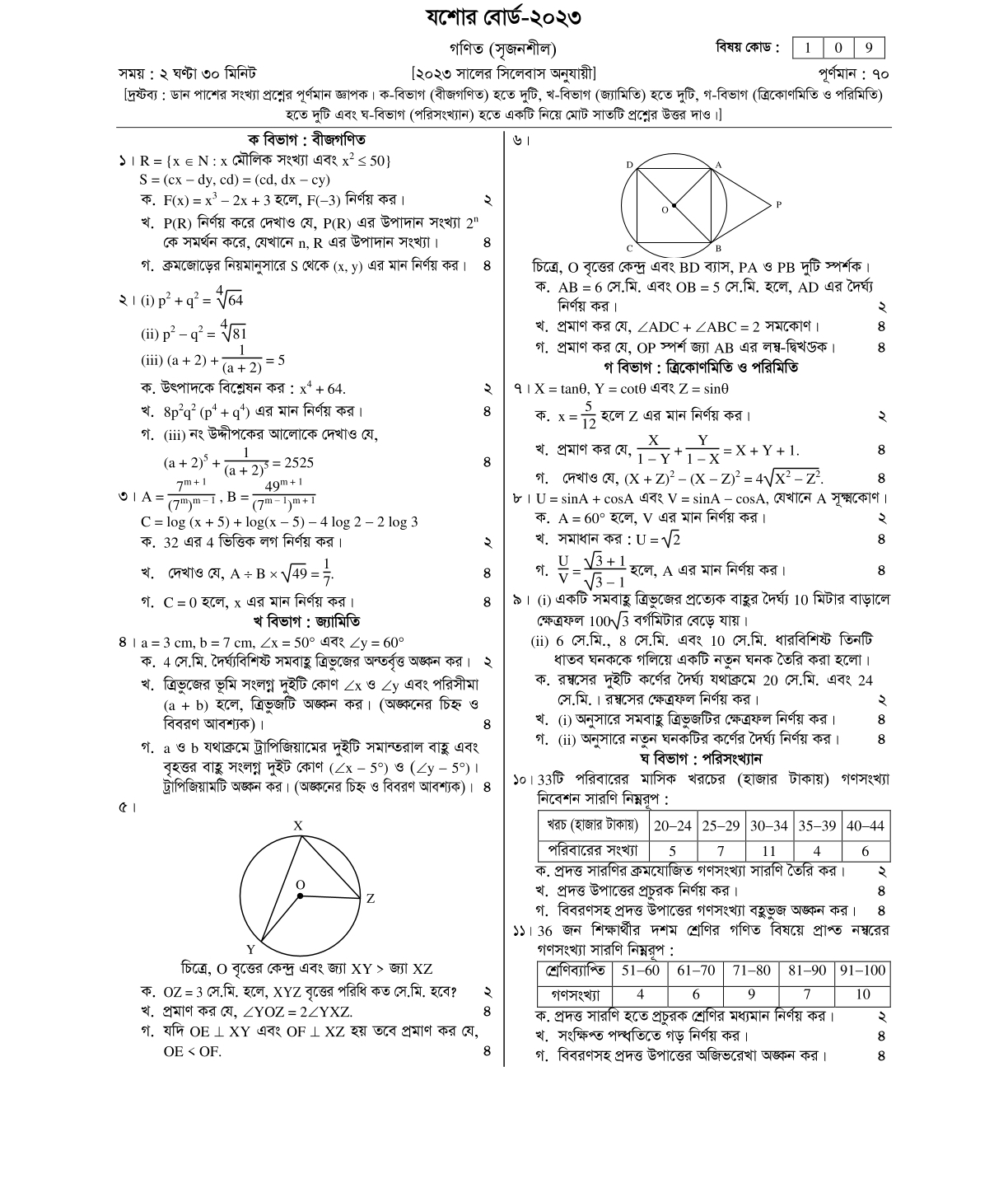 Jashore Board SSC Math Question 2023 Jashore Board SSC Math Question 2023