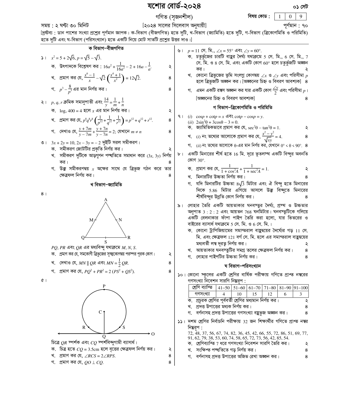 Jashore Board 2024 Math Question