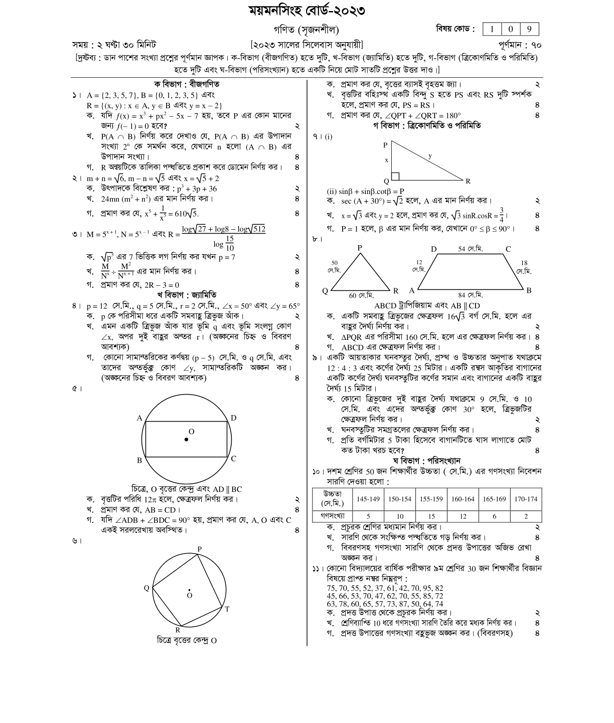 Mymensingh Board SSC Math Question 2023