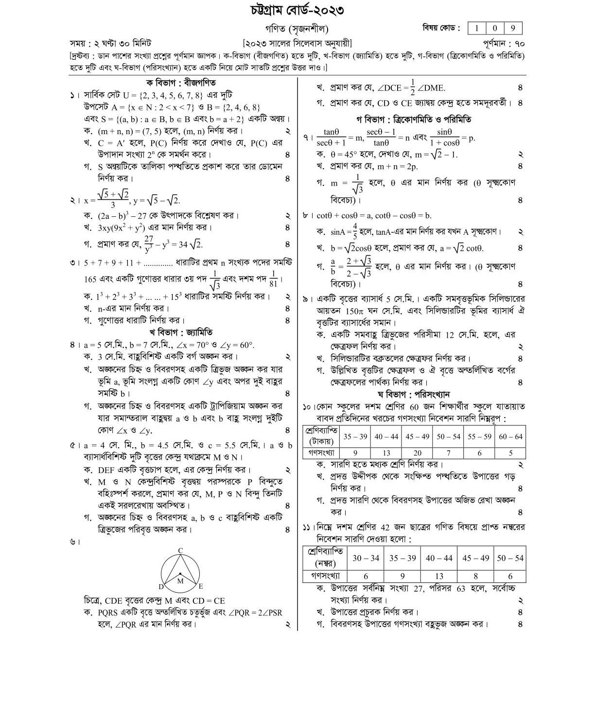 SSC Chattogram Board Math Question 2023